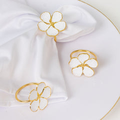 4 Pack White and Gold Metal Flower Napkin Rings, Floral Serviette Buckle Napkin Holder Set - Plum Blossom Design
