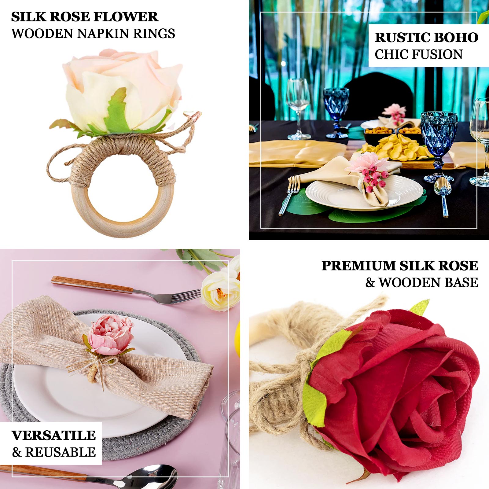 4 Pack Blush Artificial Rose Flower Wooden Napkin Holders, Farmhouse Country Floral Napkin Rings - 4"