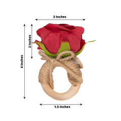 4 Pack Red Artificial Rose Flower Wooden Napkin Holders, Farmhouse Country Floral Napkin Rings - 4"