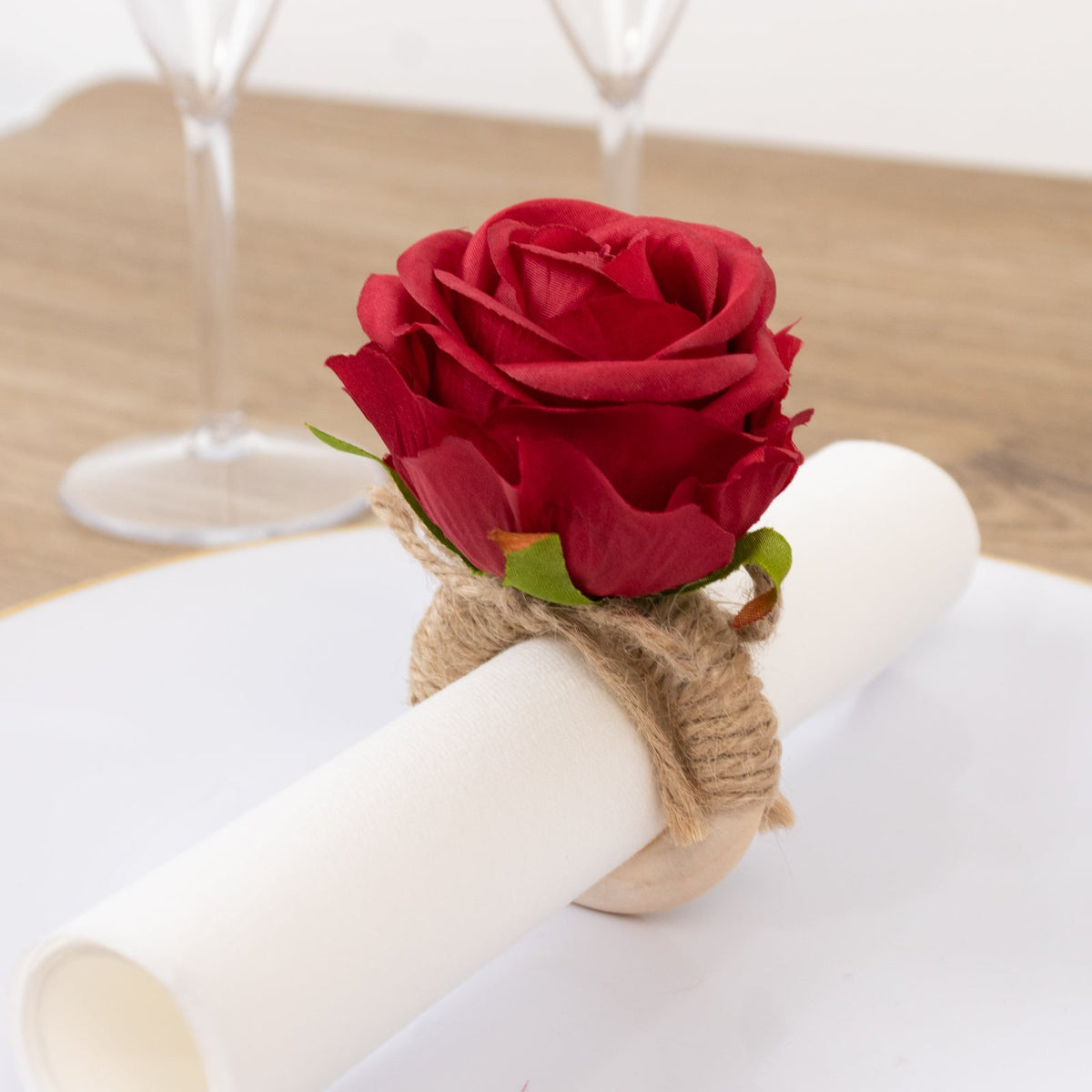 4 Pack Red Artificial Rose Flower Wooden Napkin Holders, Farmhouse Country Floral Napkin Rings - 4"