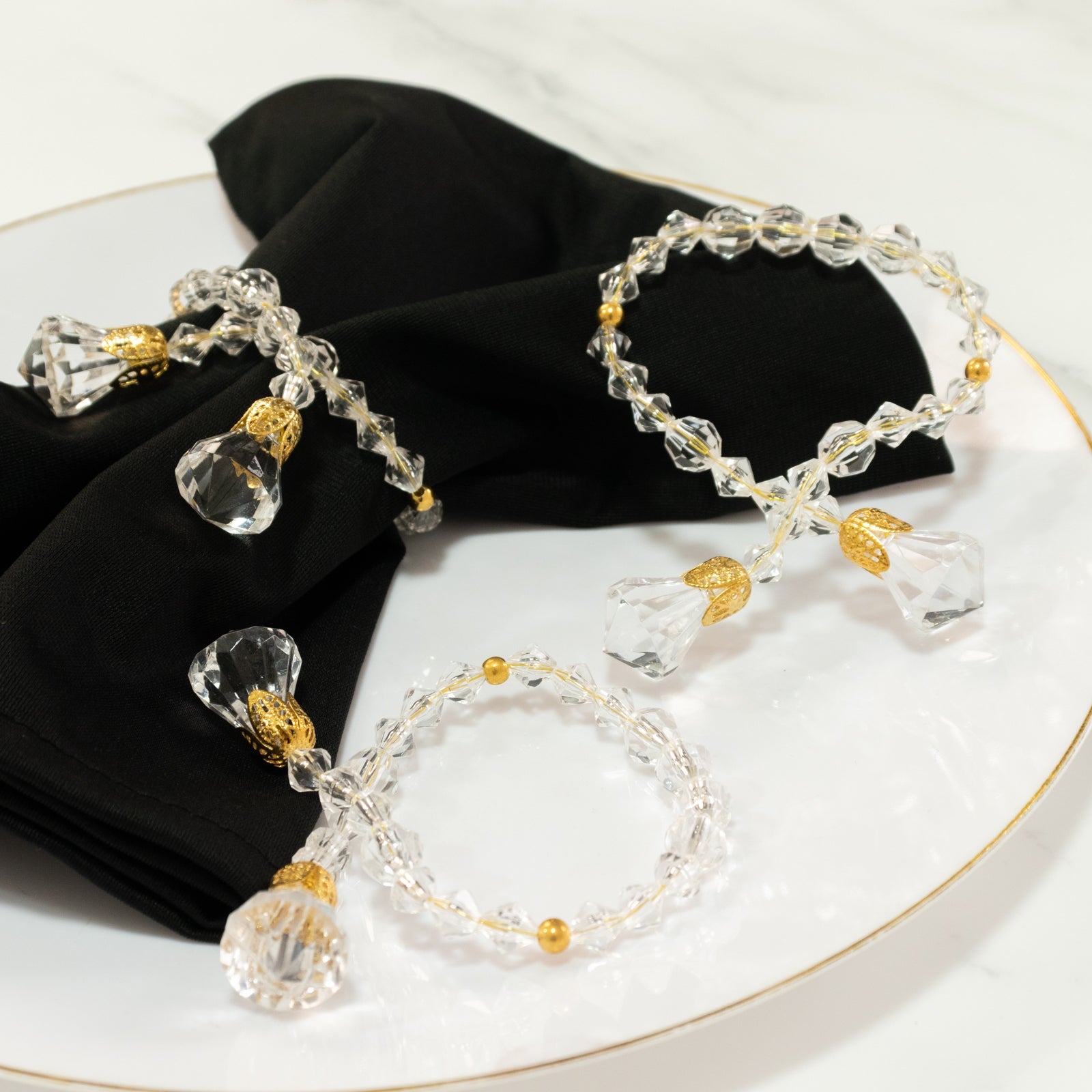 10 Pack Clear Crystal Beaded Napkin Rings with Gold Accents, 10" Elegant Decorative Table Accessories and Sash Holders