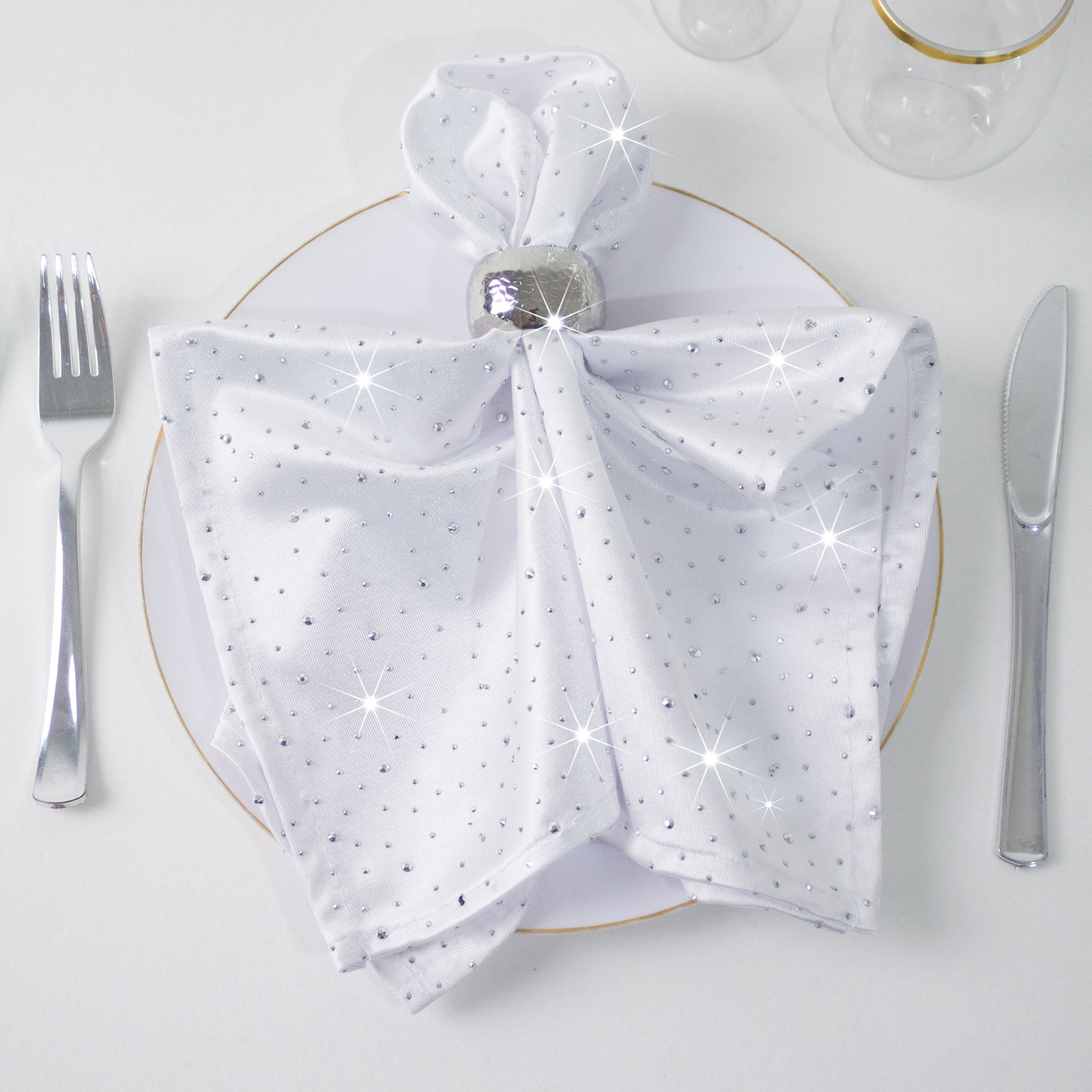 5-Pack White Scuba Polyester Napkins with Rhinestone Accents – 20"x20" Wrinkle-Free Reusable Cloth Napkins
