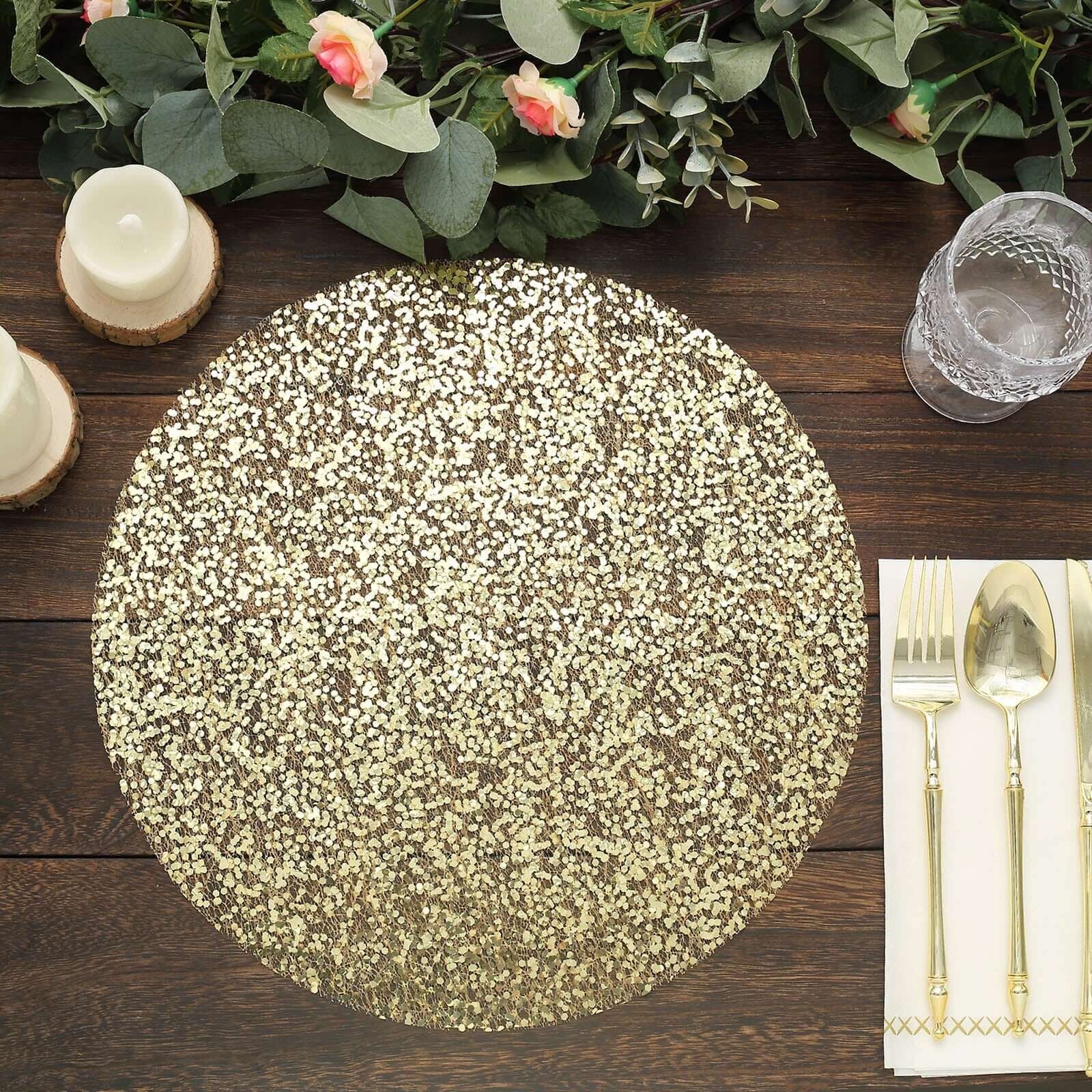 50-Pack Table Placemats Sequin Design Metallic Gold Round - Mesh Disposable Dust-Free Dining Mats 13"