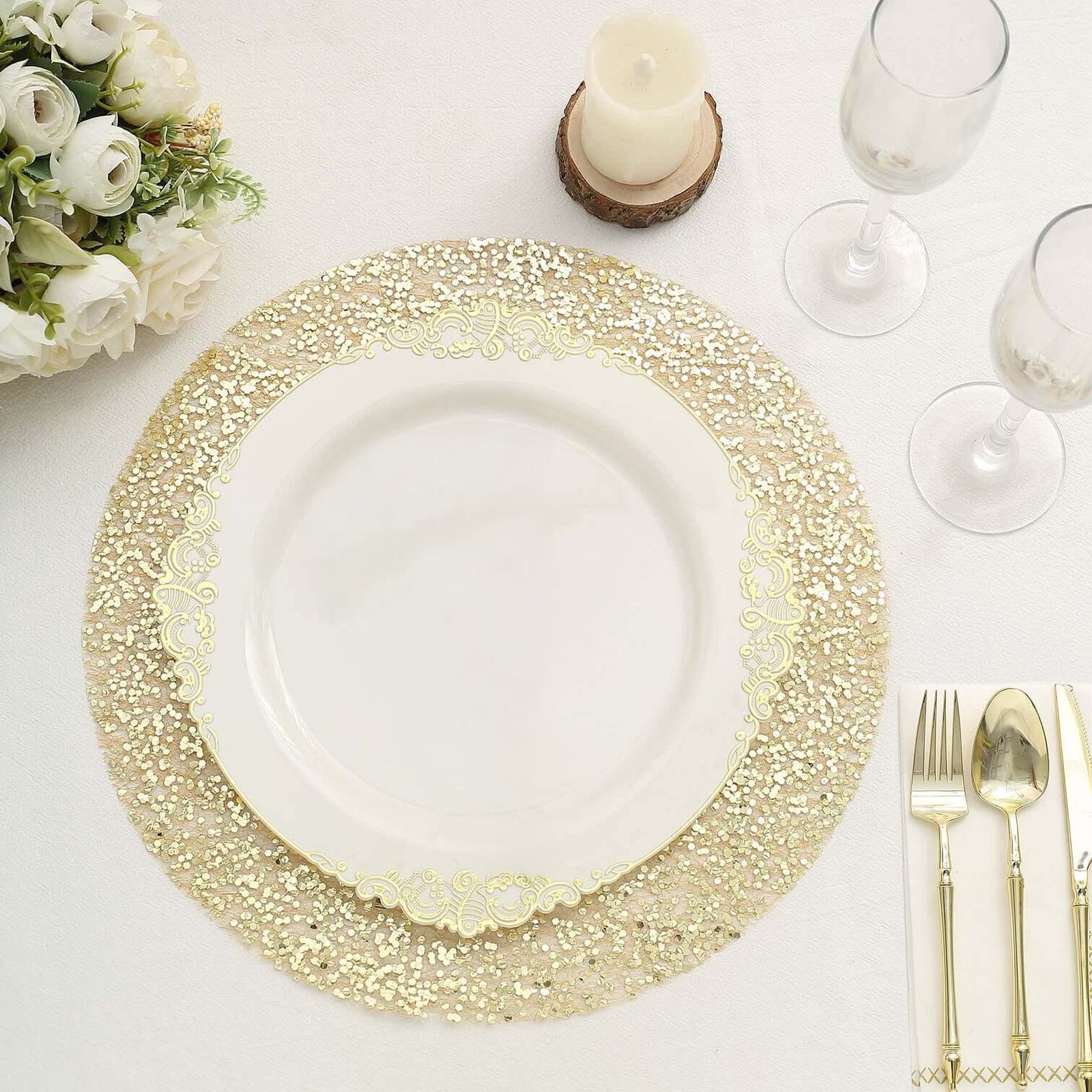 50-Pack Table Placemats Sequin Design Metallic Gold Round - Mesh Disposable Dust-Free Dining Mats 13"