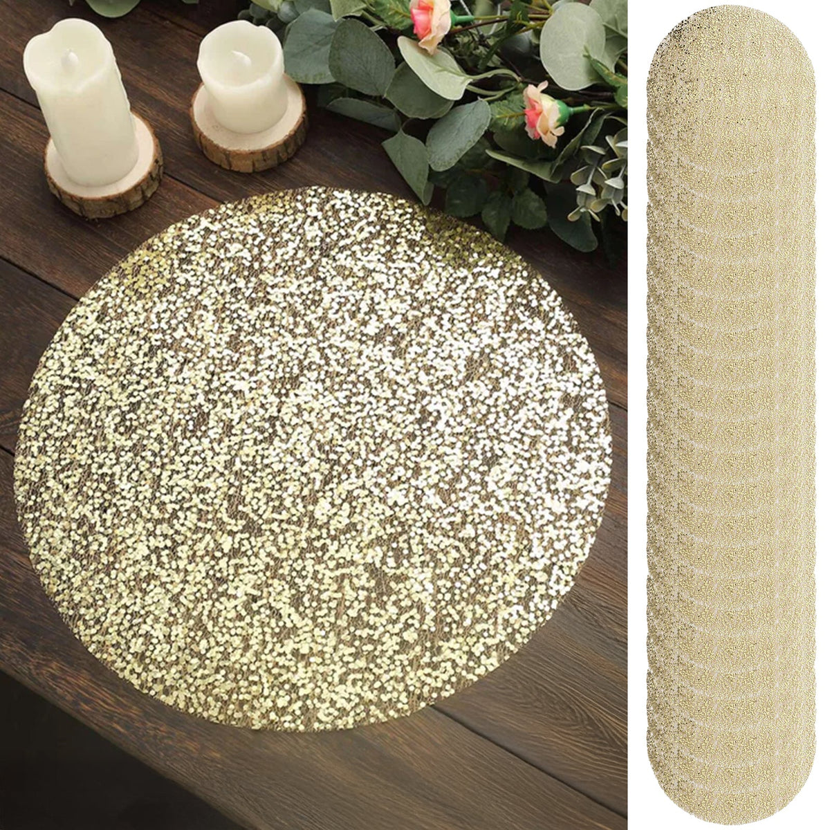 50-Pack Table Placemats Sequin Design Metallic Gold Round - Mesh Disposable Dust-Free Dining Mats 13"