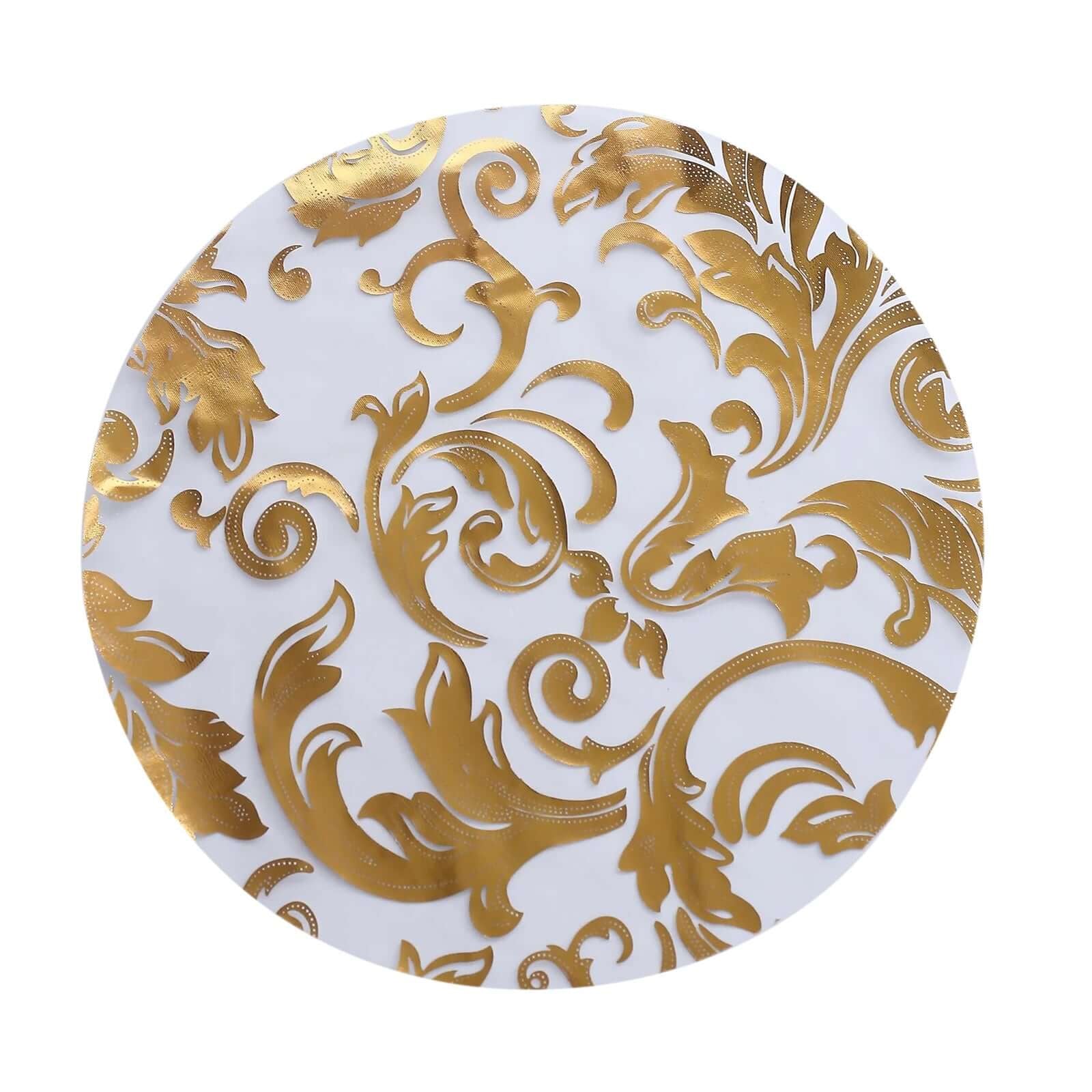 50-Pack Table Placemats Swirl Foil Floral Design Metallic Gold Round - Sheer Organza Disposable Mats 13"