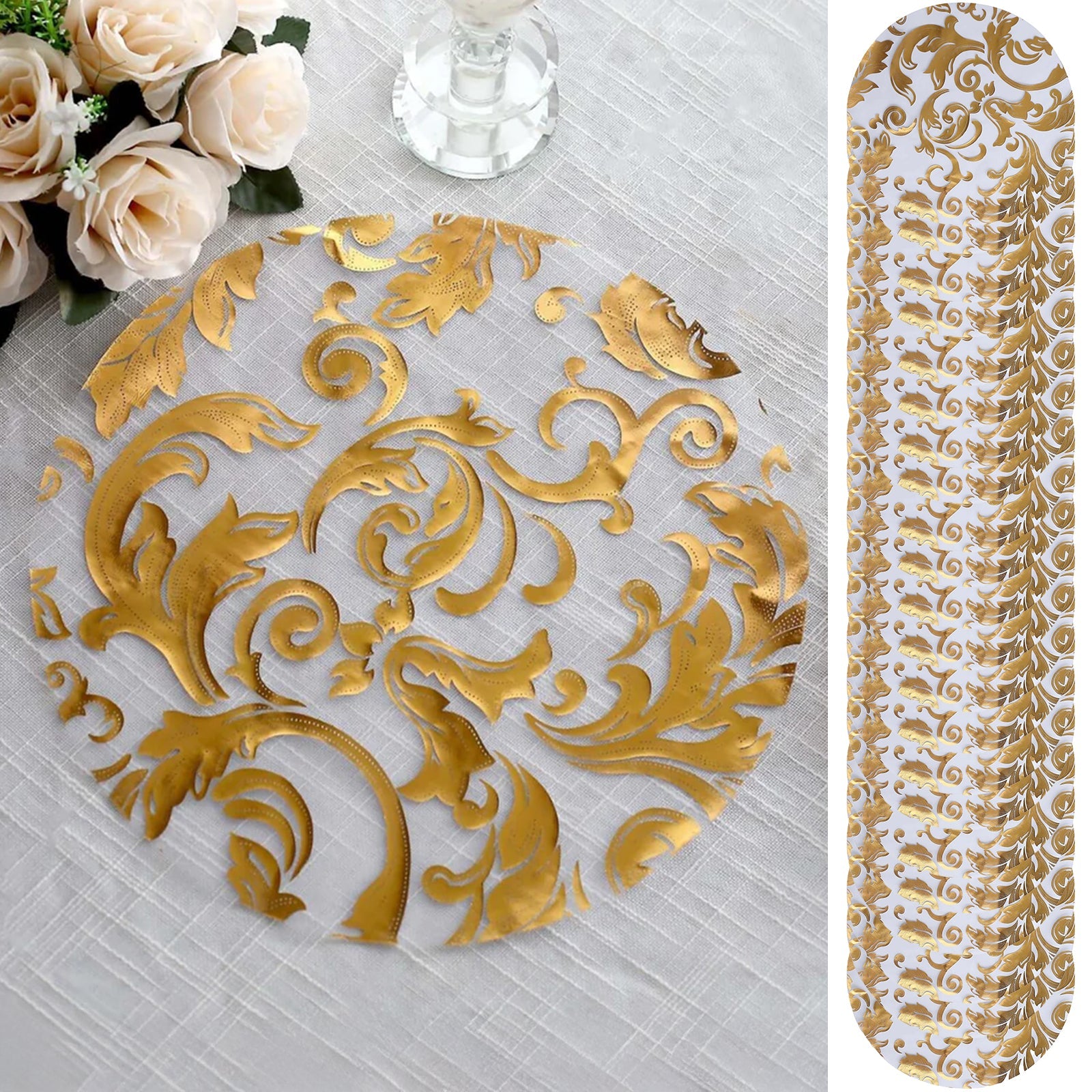 50-Pack Table Placemats Swirl Foil Floral Design Metallic Gold Round - Sheer Organza Disposable Mats 13"