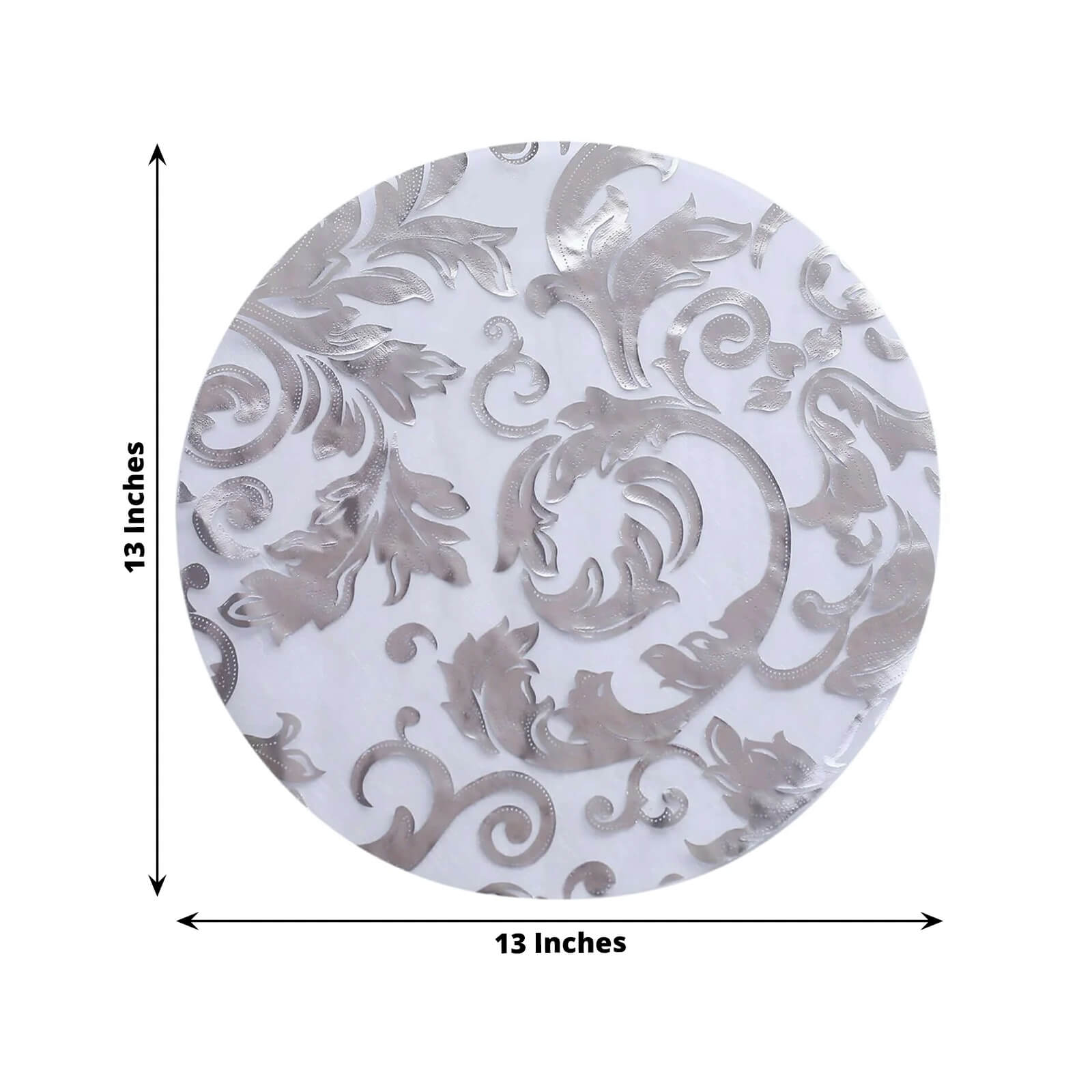 50-Pack Table Placemats Swirl Foil Floral Design Metallic Silver Round - Sheer Organza Disposable Mats 13"