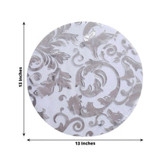 50-Pack Table Placemats Swirl Foil Floral Design Metallic Silver Round - Sheer Organza Disposable Mats 13"