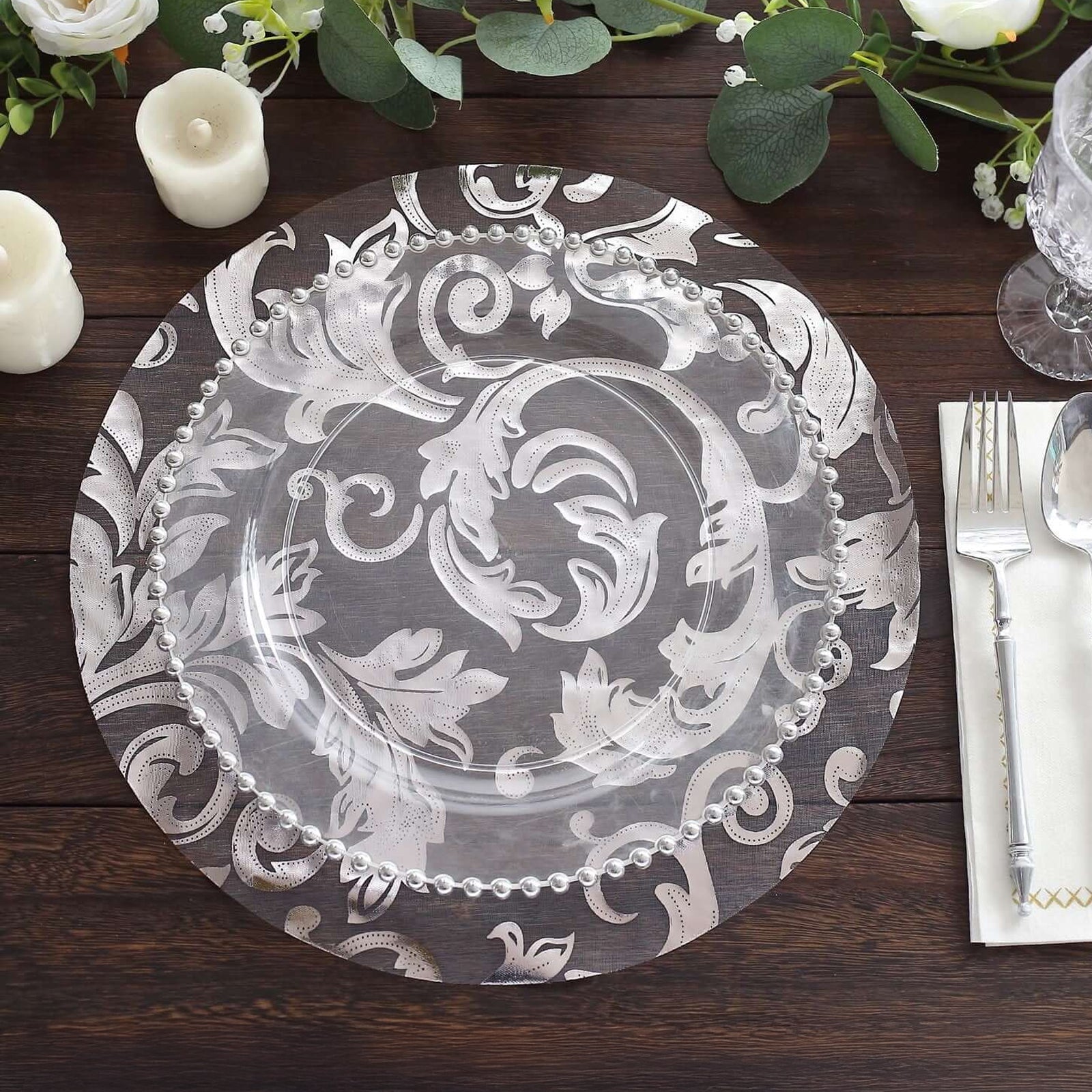 50-Pack Table Placemats Swirl Foil Floral Design Metallic Silver Round - Sheer Organza Disposable Mats 13"