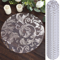 50-Pack Table Placemats Swirl Foil Floral Design Metallic Silver Round - Sheer Organza Disposable Mats 13"