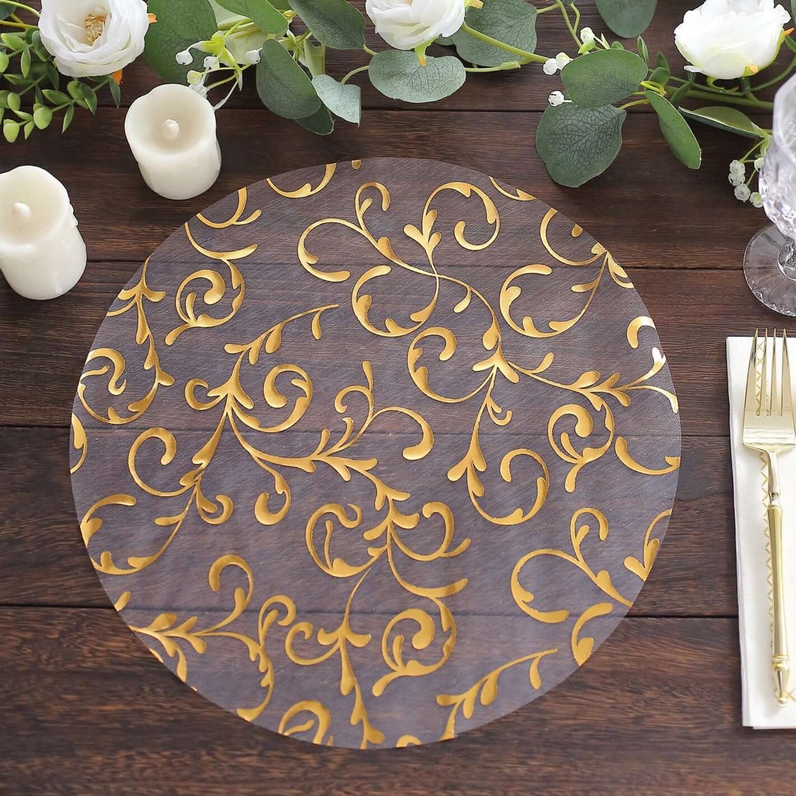 50-Pack Table Placemats Embossed Foil Flower Design Metallic Gold Round - Sheer Organza Disposable Mats 13"