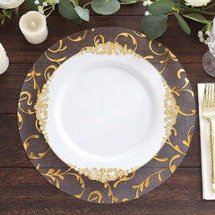 50-Pack Table Placemats Embossed Foil Flower Design Metallic Gold Round - Sheer Organza Disposable Mats 13"