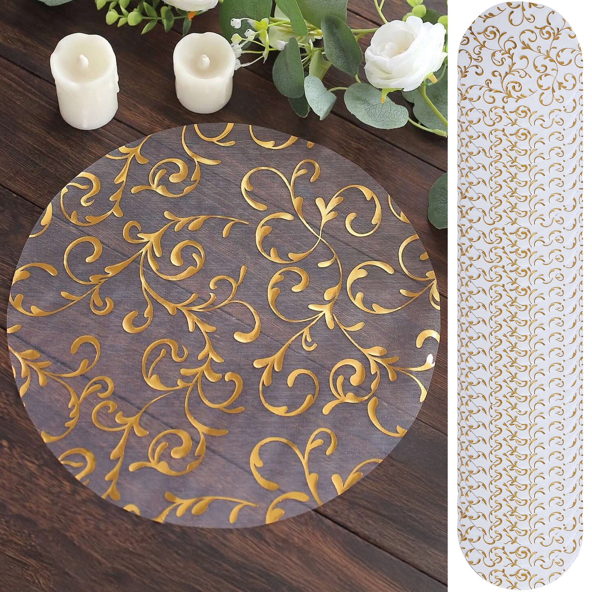 50-Pack Table Placemats Embossed Foil Flower Design Metallic Gold Round - Sheer Organza Disposable Mats 13"