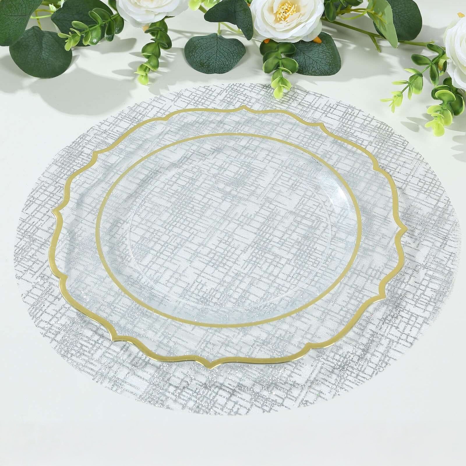 50-Pack Table Placemats Glitter Design Metallic Silver Round - Mesh Polyester Disposable Mats 13"