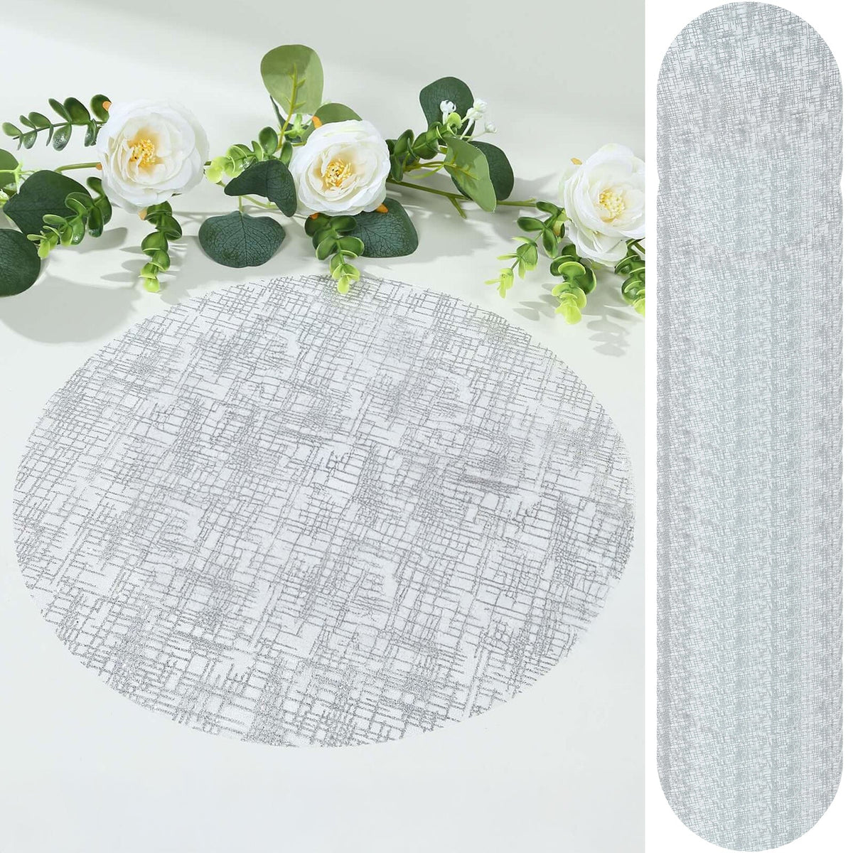 50-Pack Table Placemats Glitter Design Metallic Silver Round - Mesh Polyester Disposable Mats 13"