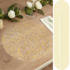 50-Pack Table Placemats Gold Foil Leaf Vine Design White Round - Organza Disposable Floral Mats 13"