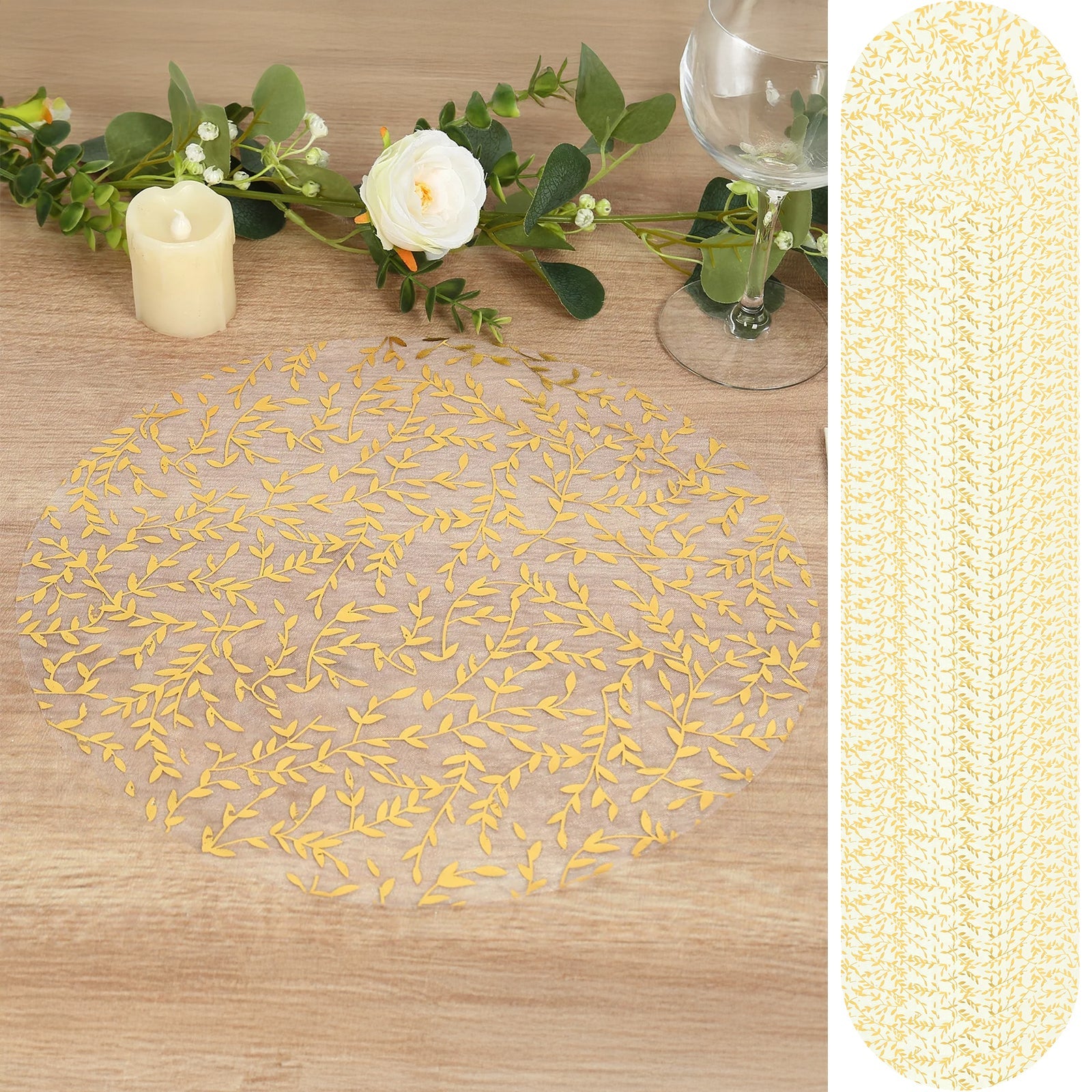 50-Pack Table Placemats Gold Foil Leaf Vine Design White Round - Organza Disposable Floral Mats 13"