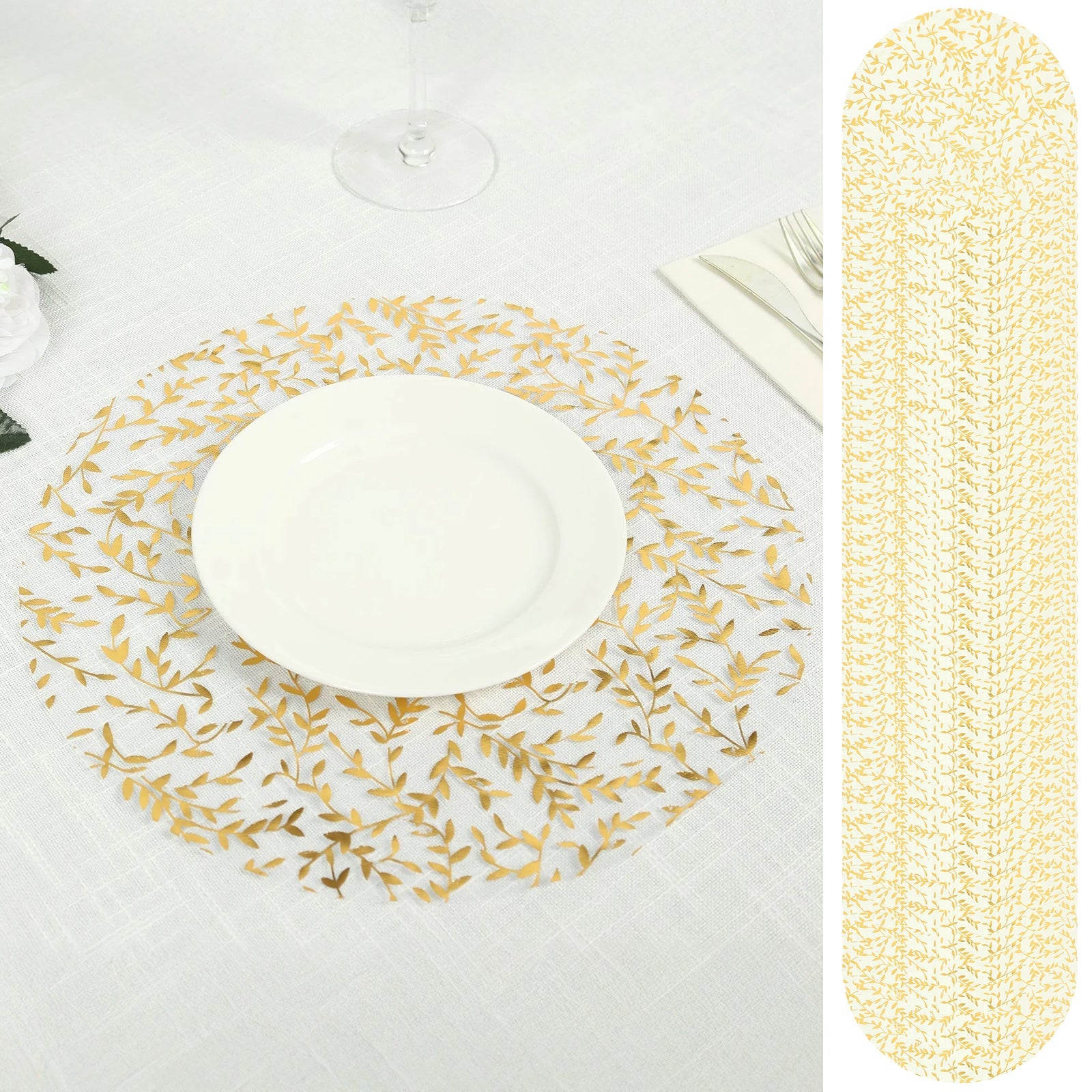 50-Pack Table Placemats Gold Foil Leaf Vine Design White Round - Organza Disposable Floral Mats 13"
