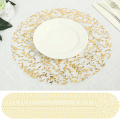 50-Pack Table Placemats Gold Foil Leaf Vine Design White Round - Organza Disposable Floral Mats 13"