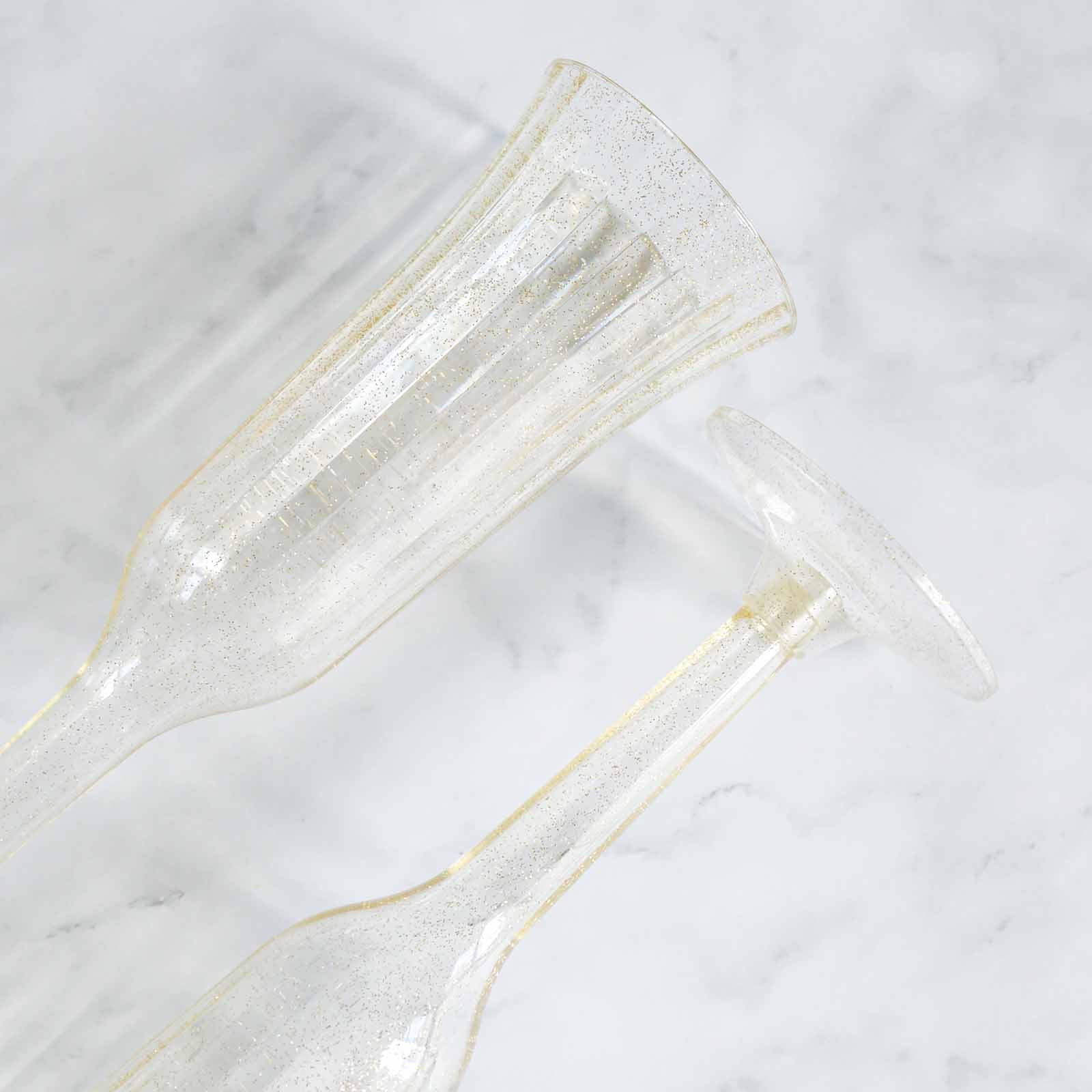 24-Pack Plastic Champagne Flutes Clear Gold Glitter Flared Design - Lightweight Disposable Toasting Glasses 6oz
