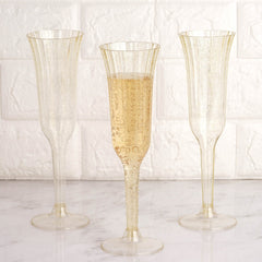 24-Pack Plastic Champagne Flutes Clear Gold Glitter Flared Design - Lightweight Disposable Toasting Glasses 6oz