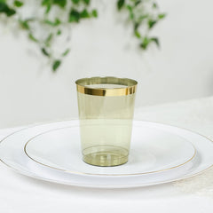 25-Pack Plastic Tumbler Cups Transparent Dusty Sage Green with Gold Rim - Stylish Disposable Party Glasses 10oz
