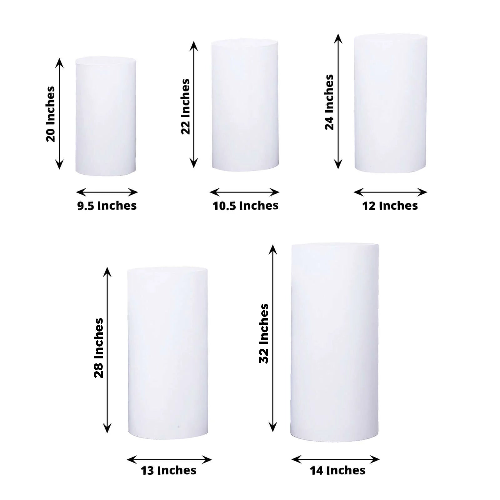 Set of 5 White Metal Cylinder Pillar Prop Stands For Wedding Aisle, Round Plinth Pedestal Display Boxes - 20",22",24",28",32"