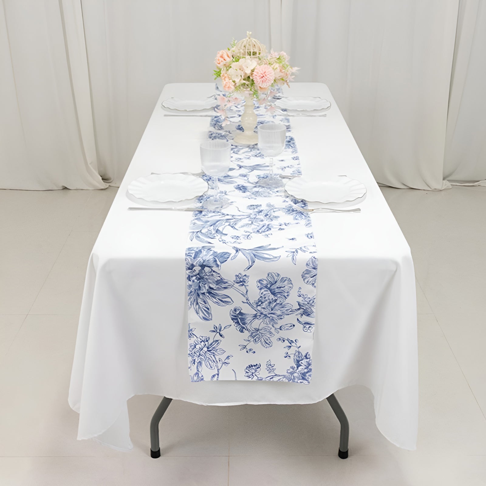 Polyester Table Runner 12"x108" White with Blue French Toile Floral Print - Stylish Reusable Table Décor