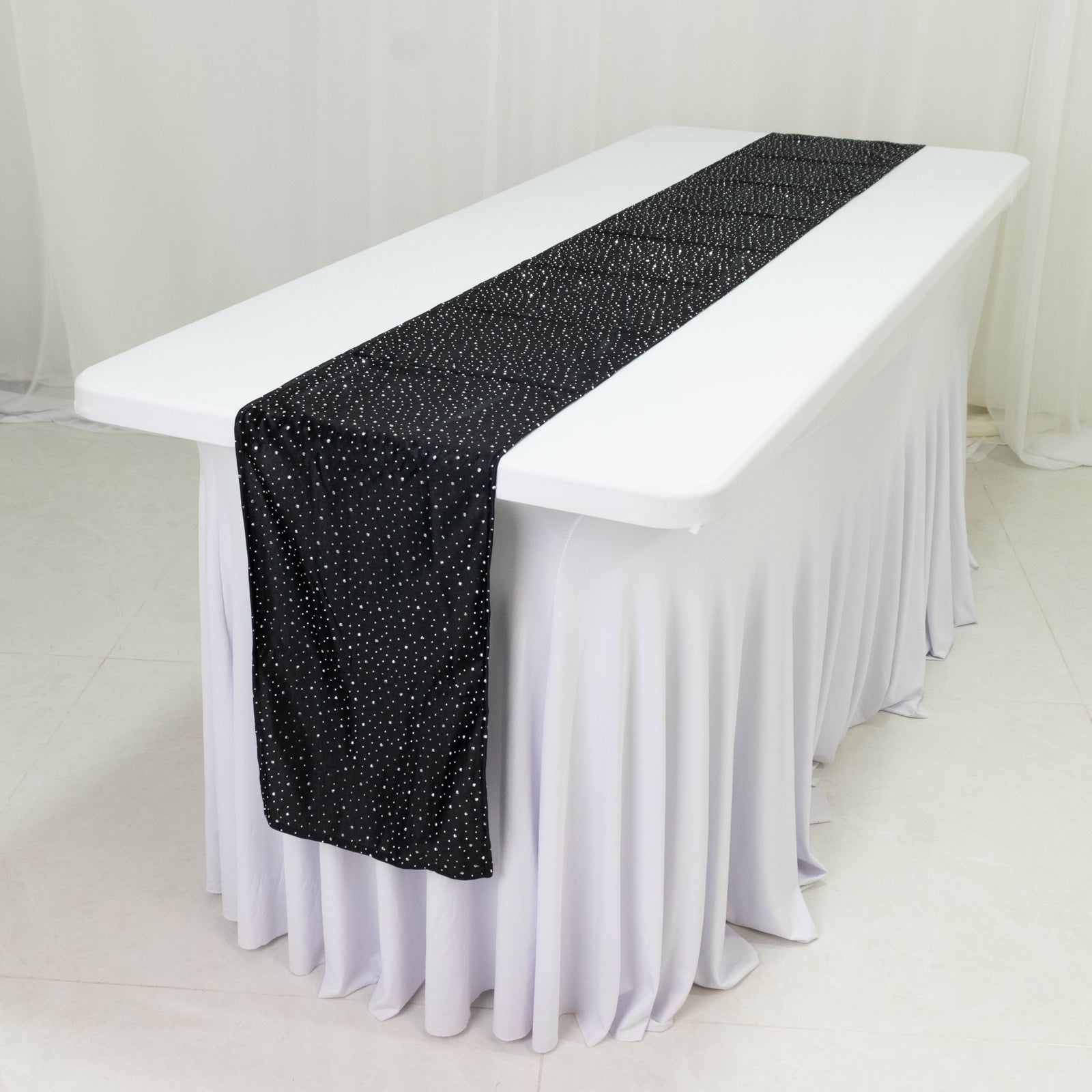 Black Scuba Polyester Table Runner with Rhinestone Accents - 12"x108" Wrinkle-Free Table Linen