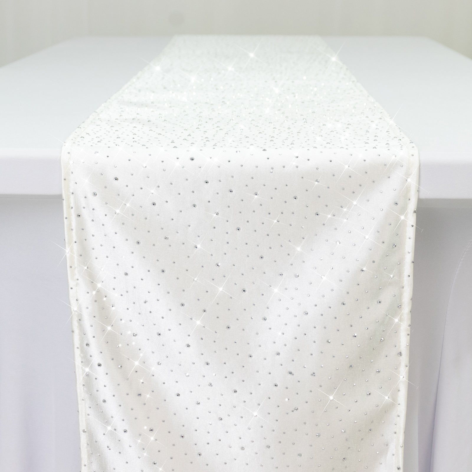Pearl White Scuba Polyester Table Runner with Rhinestone Accents - 12"x108" Wrinkle-Free Table Linen