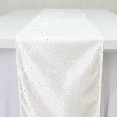 Pearl White Scuba Polyester Table Runner with Rhinestone Accents - 12"x108" Wrinkle-Free Table Linen