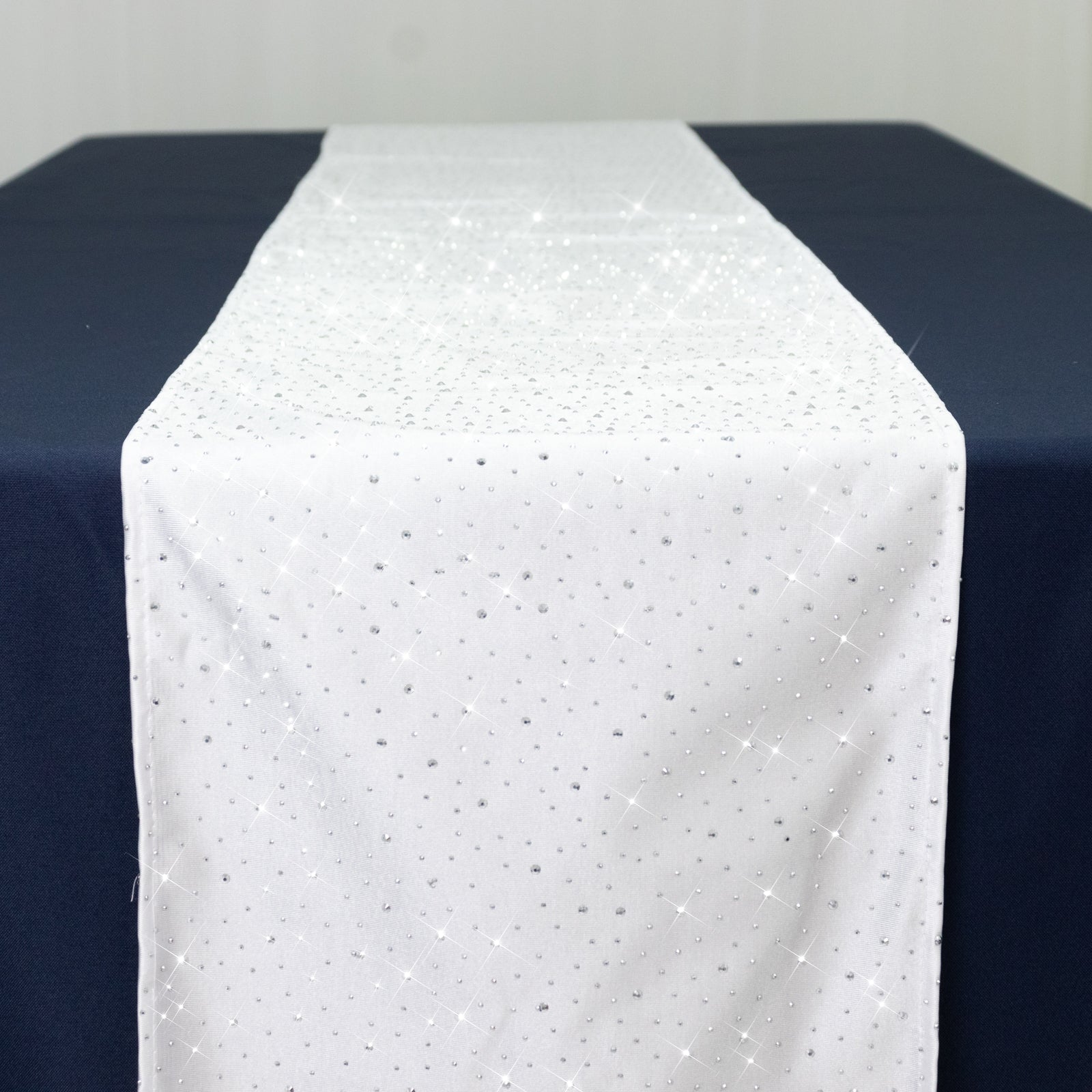 White Scuba Polyester Table Runner with Rhinestone Accents - 12"x108" Wrinkle-Free Table Linen