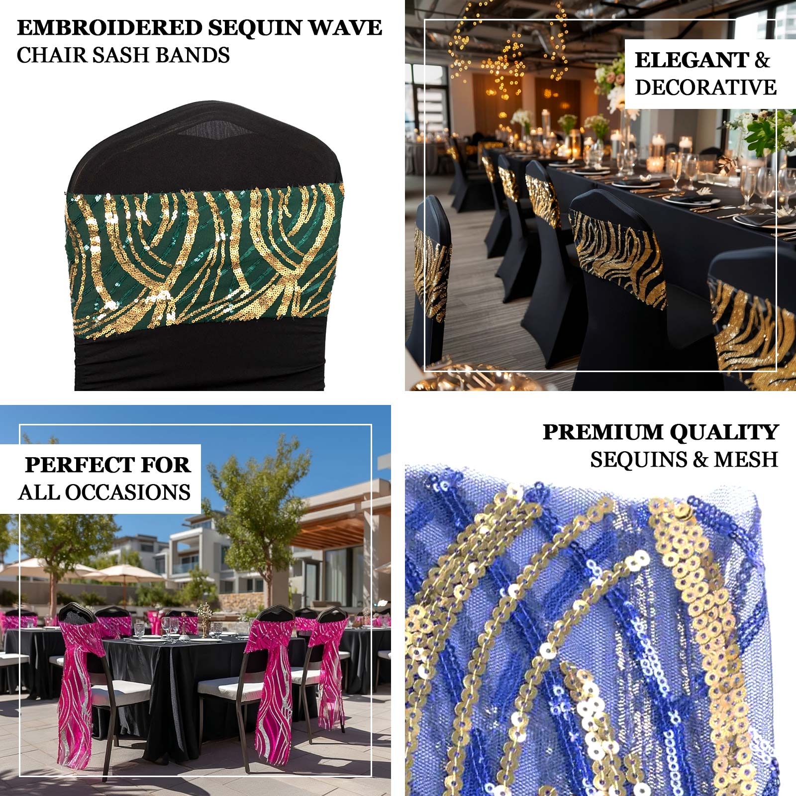 5 Pack Chair Sash Bands with Wave Embroidered Sequins Black/Gold