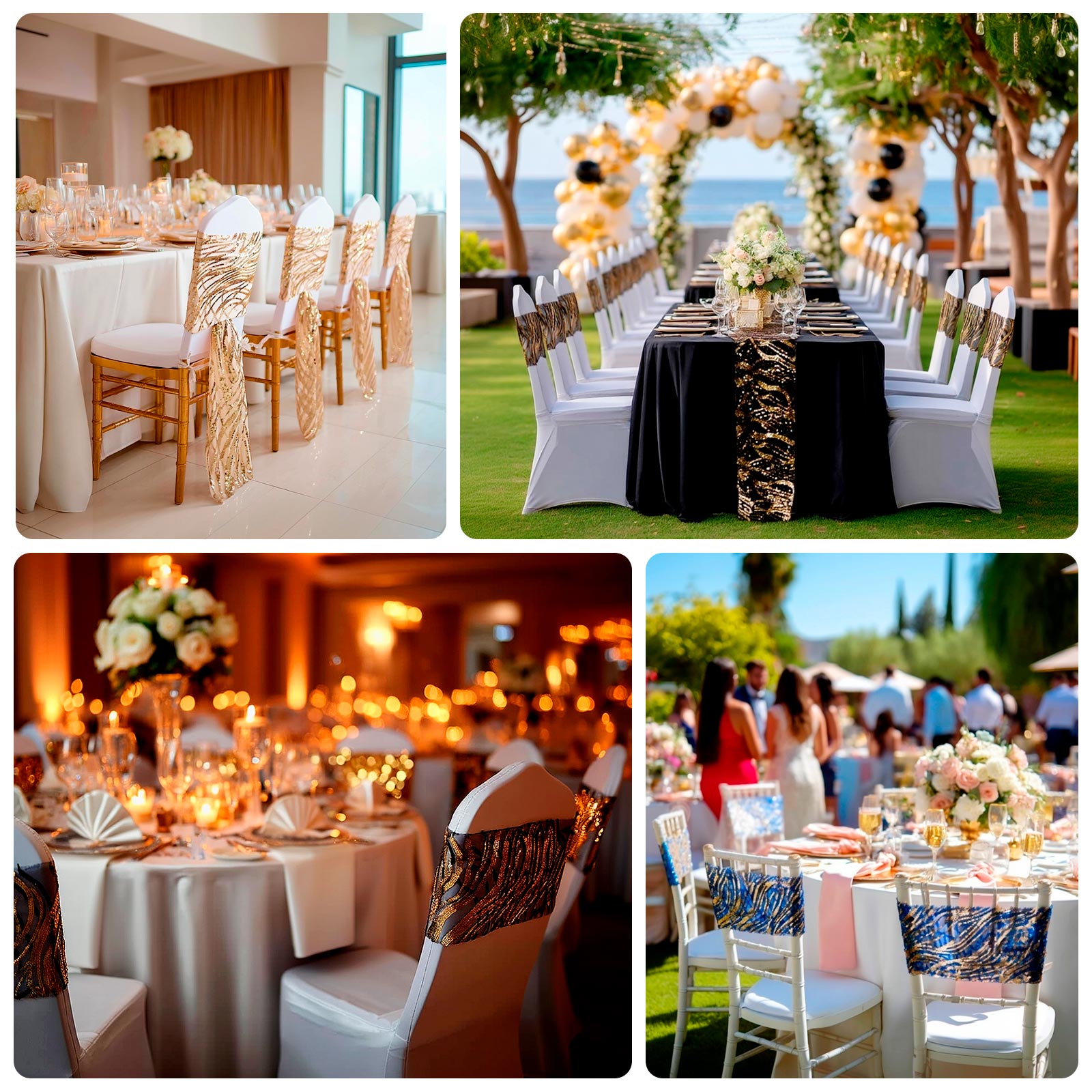 5 Pack Chair Sash Bands with Wave Embroidered Sequins Gold - Gleaming Accent for Weddings & Banquets