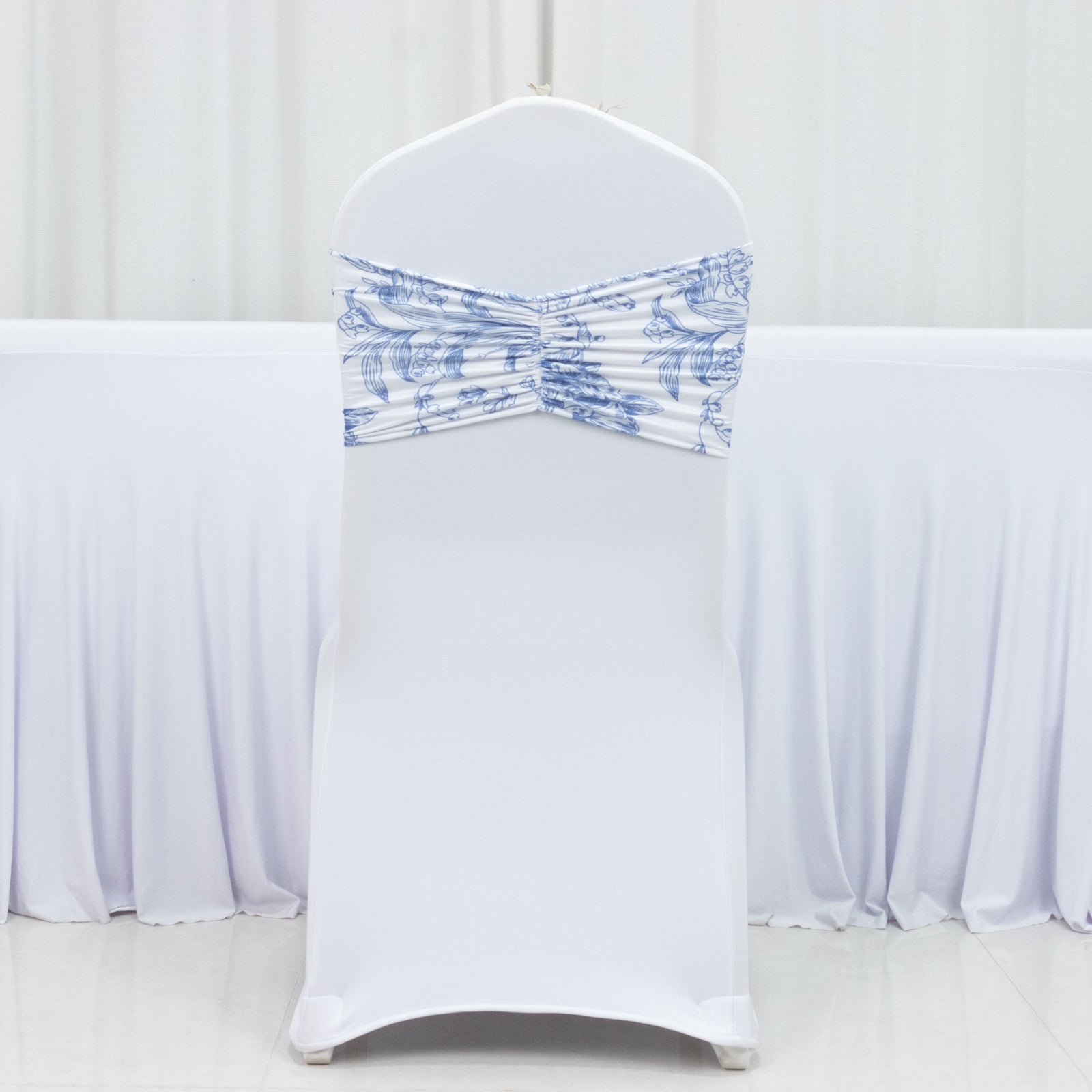 5 Pack Wide Spandex Chair Sashes in White Blue French Toile – Stylish Ruffled Chair Bands - 8"x13"