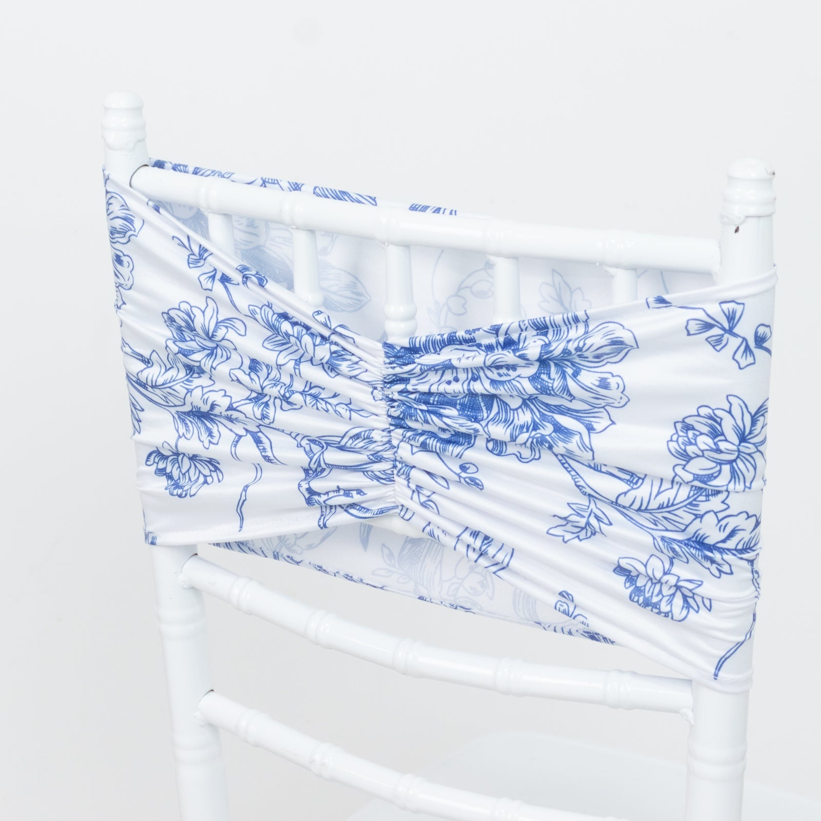 5 Pack Wide Spandex Chair Sashes in White Blue French Toile – Stylish Ruffled Chair Bands - 8"x13"