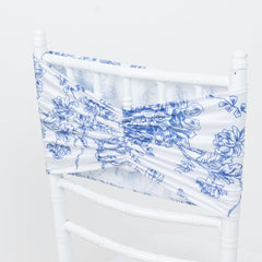 5 Pack Wide Spandex Chair Sashes in White Blue French Toile – Stylish Ruffled Chair Bands - 8"x13"