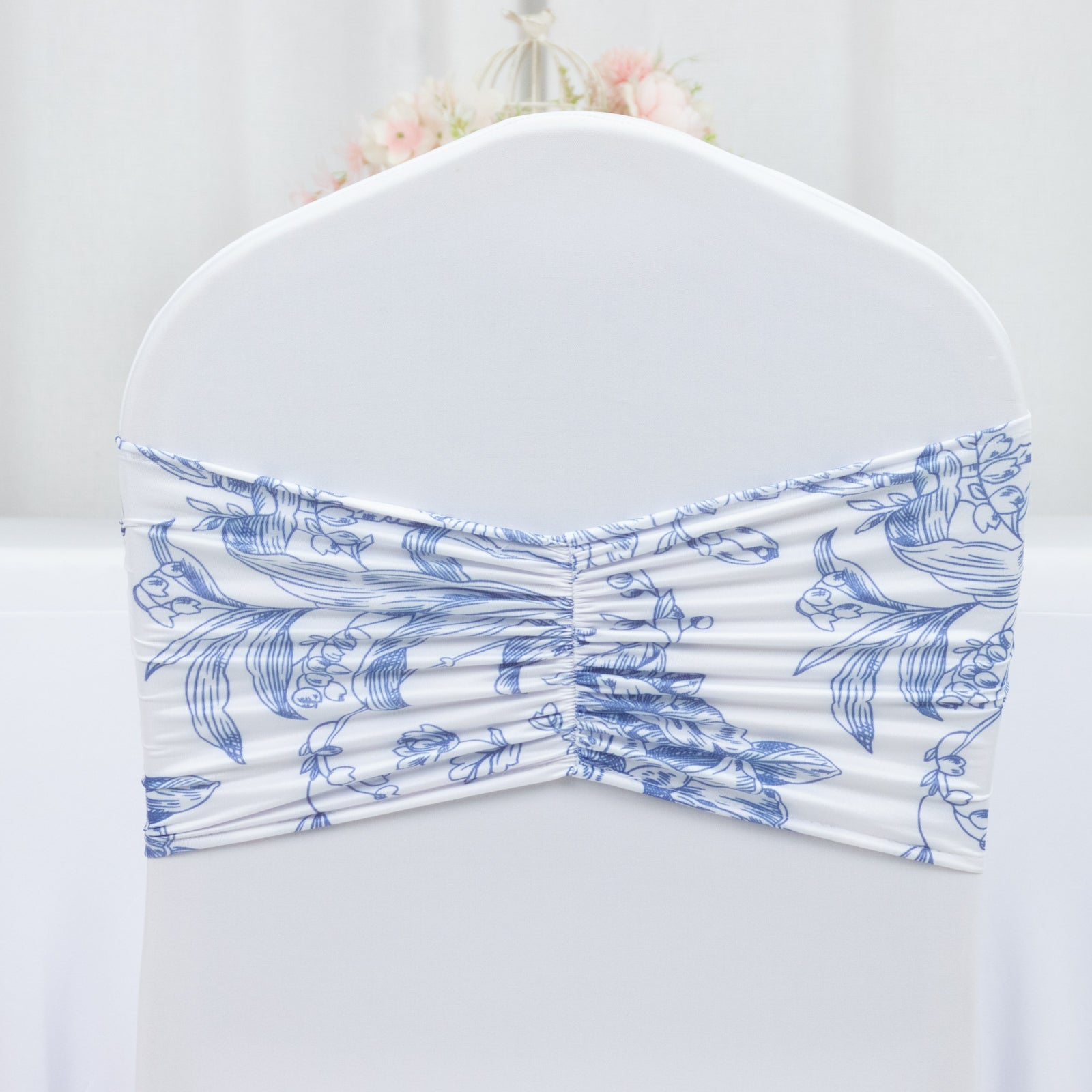 5 Pack Wide Spandex Chair Sashes in White Blue French Toile – Stylish Ruffled Chair Bands - 8"x13"