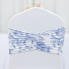 5 Pack Wide Spandex Chair Sashes in White Blue French Toile – Stylish Ruffled Chair Bands - 8"x13"