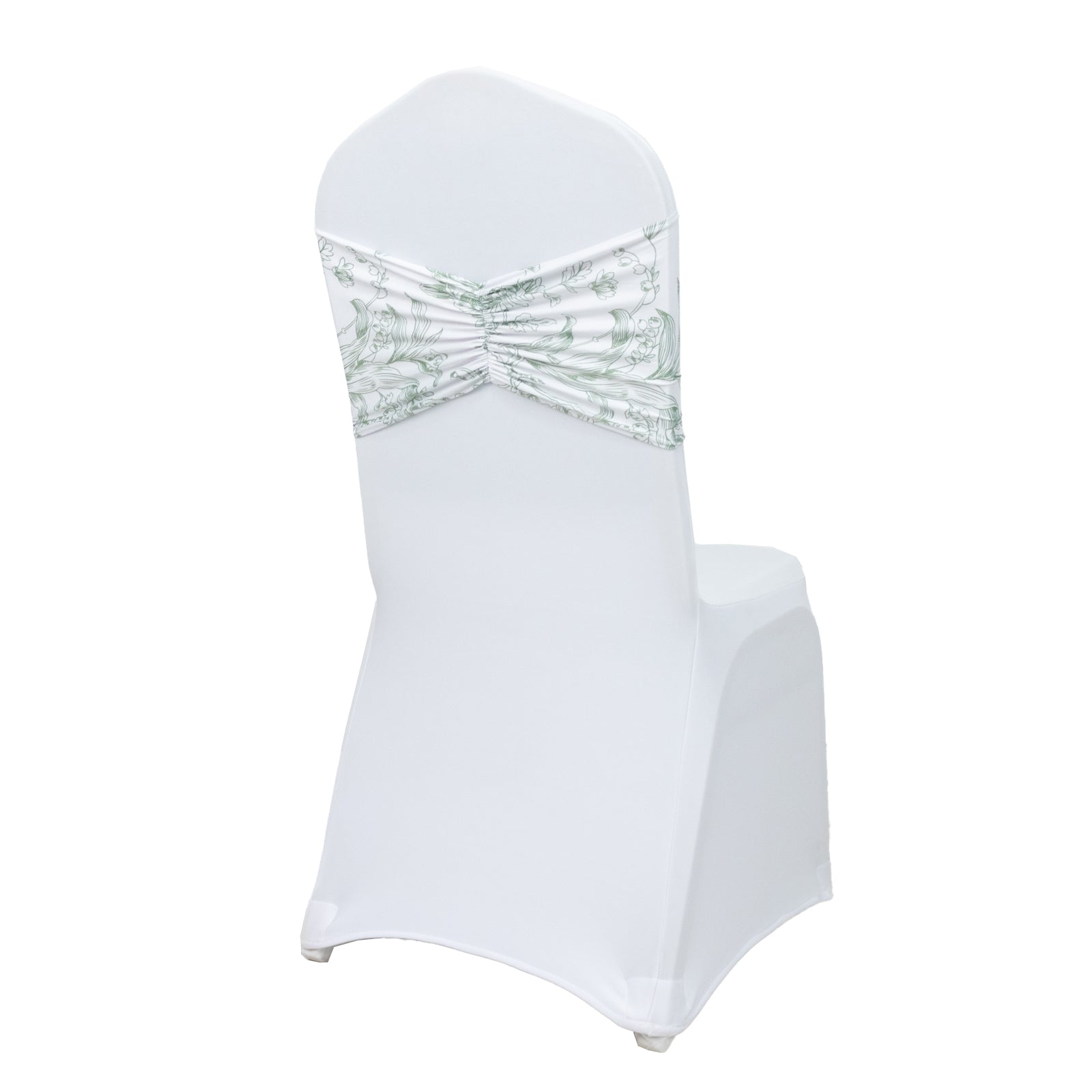 5 Pack Wide Spandex Chair Sashes in White Dusty Sage Green French Toile – Stylish Ruffled Chair Bands - 8"x13"