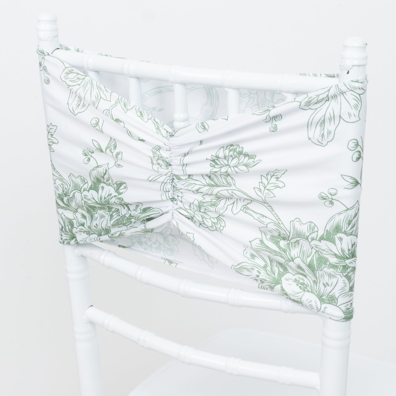 5 Pack Wide Spandex Chair Sashes in White Dusty Sage Green French Toile – Stylish Ruffled Chair Bands - 8"x13"