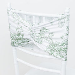 5 Pack Wide Spandex Chair Sashes in White Dusty Sage Green French Toile – Stylish Ruffled Chair Bands - 8"x13"