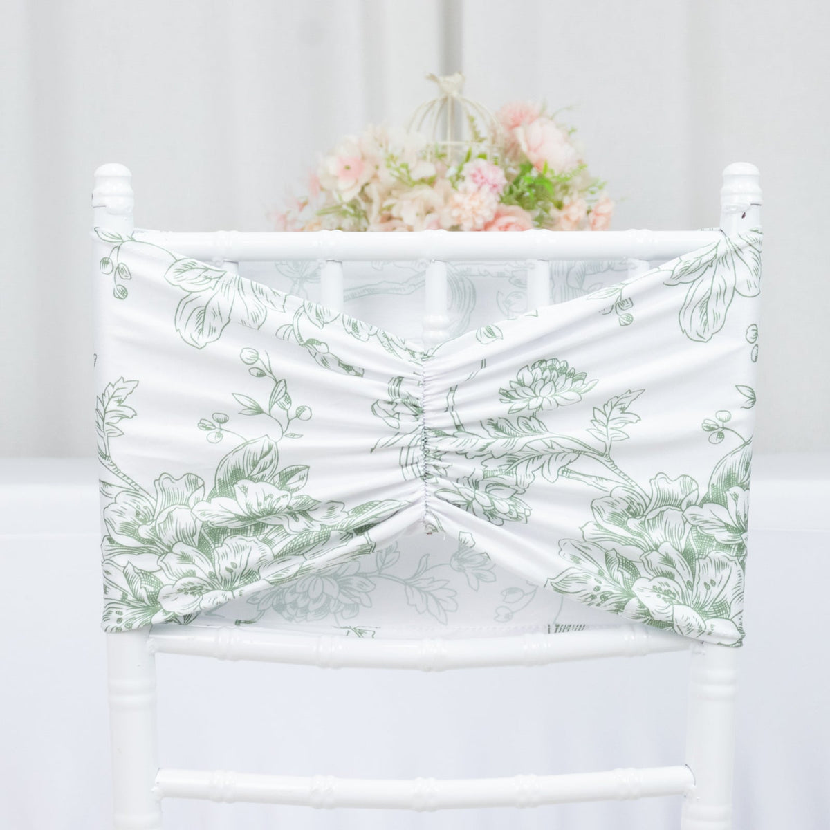 5 Pack Wide Spandex Chair Sashes in White Dusty Sage Green French Toile – Stylish Ruffled Chair Bands - 8"x13"