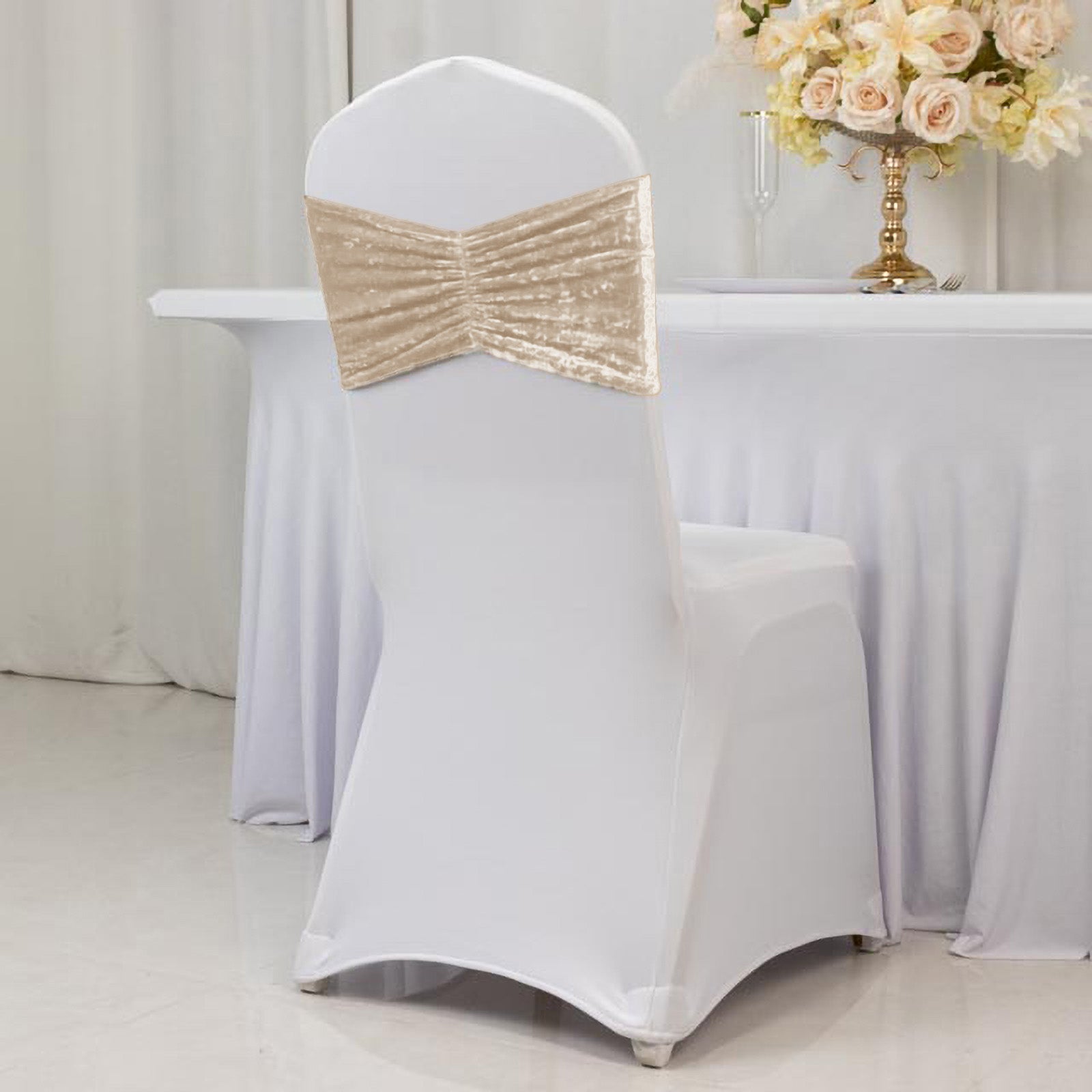 5 Pack Crushed Velvet Chair Bands Beige Wide Ruffle Style - Textured Chair Sashes for Stunning Event Decor - 8"x15"