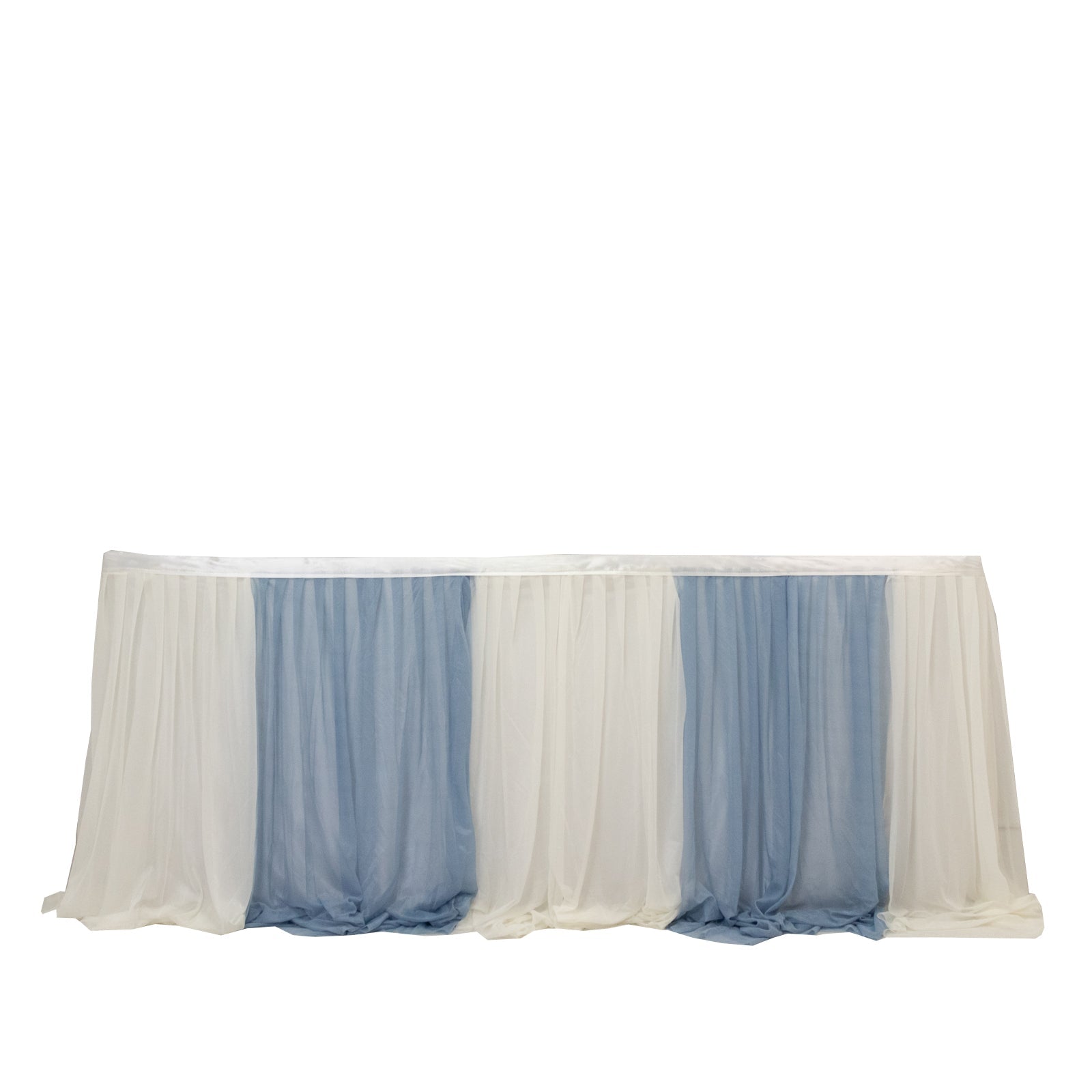14ft Sheer Pleated Ruffle Skirting Chiffon Table Skirt - Dusty Blue and Ivory, Shimmer Sheer, Wrinkle-Free Fabric