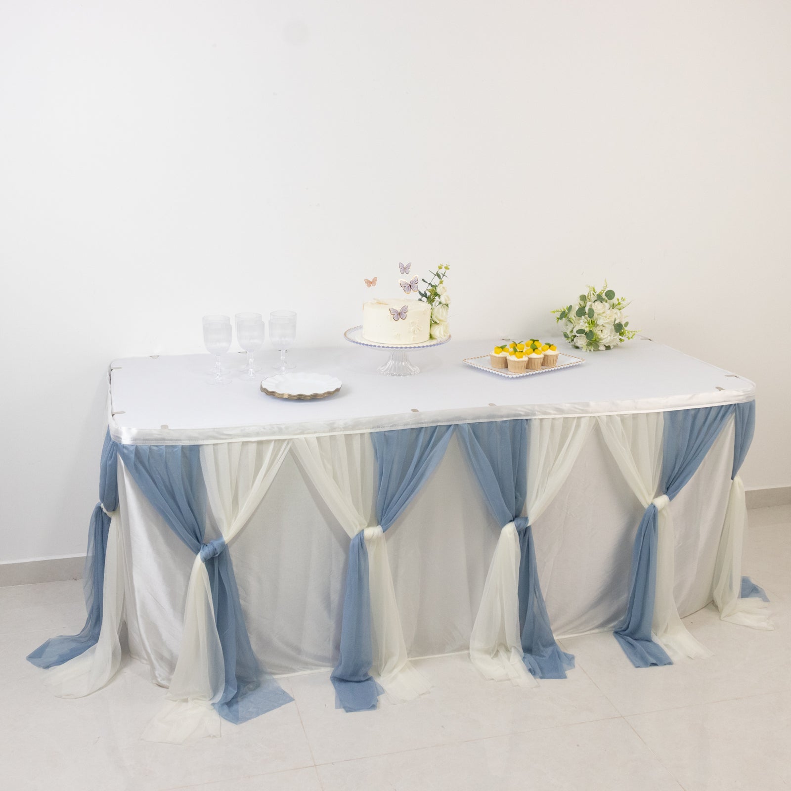 14ft Sheer Pleated Ruffle Skirting Chiffon Table Skirt - Dusty Blue and Ivory, Shimmer Sheer, Wrinkle-Free Fabric