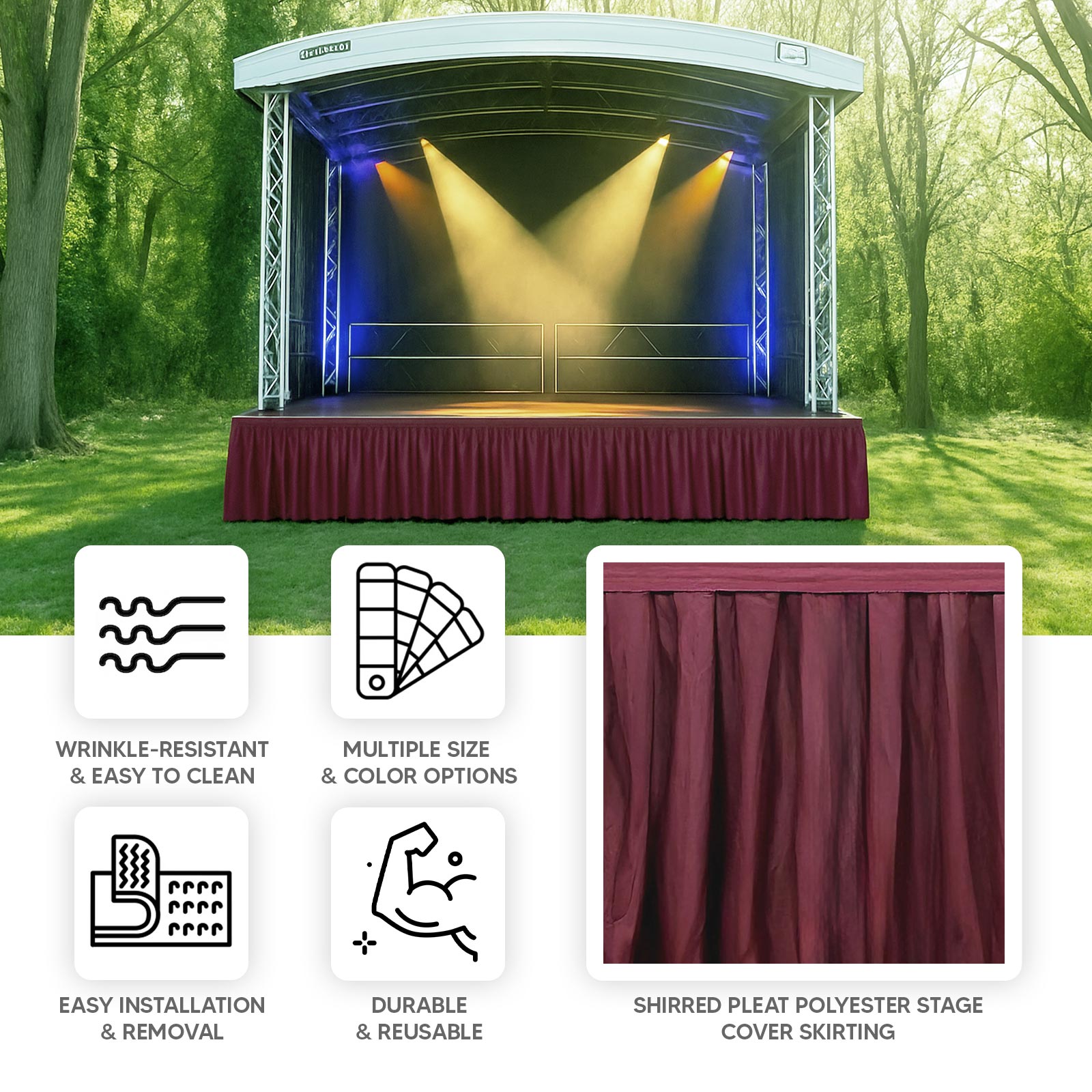 Portable Stage Skirt Burgundy Polyester Platform Skirting Cloth for Events, Performances & Wedding Staging - 48"x20ft