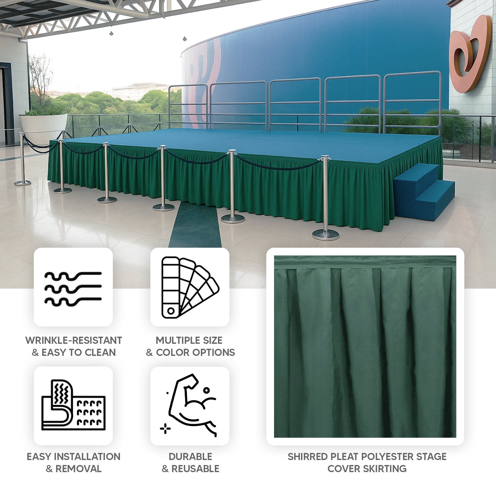 Portable Stage Skirt Hunter Emerald Green Polyester Platform Skirting Cloth for Events, Performances & Wedding Staging - 24"x20ft