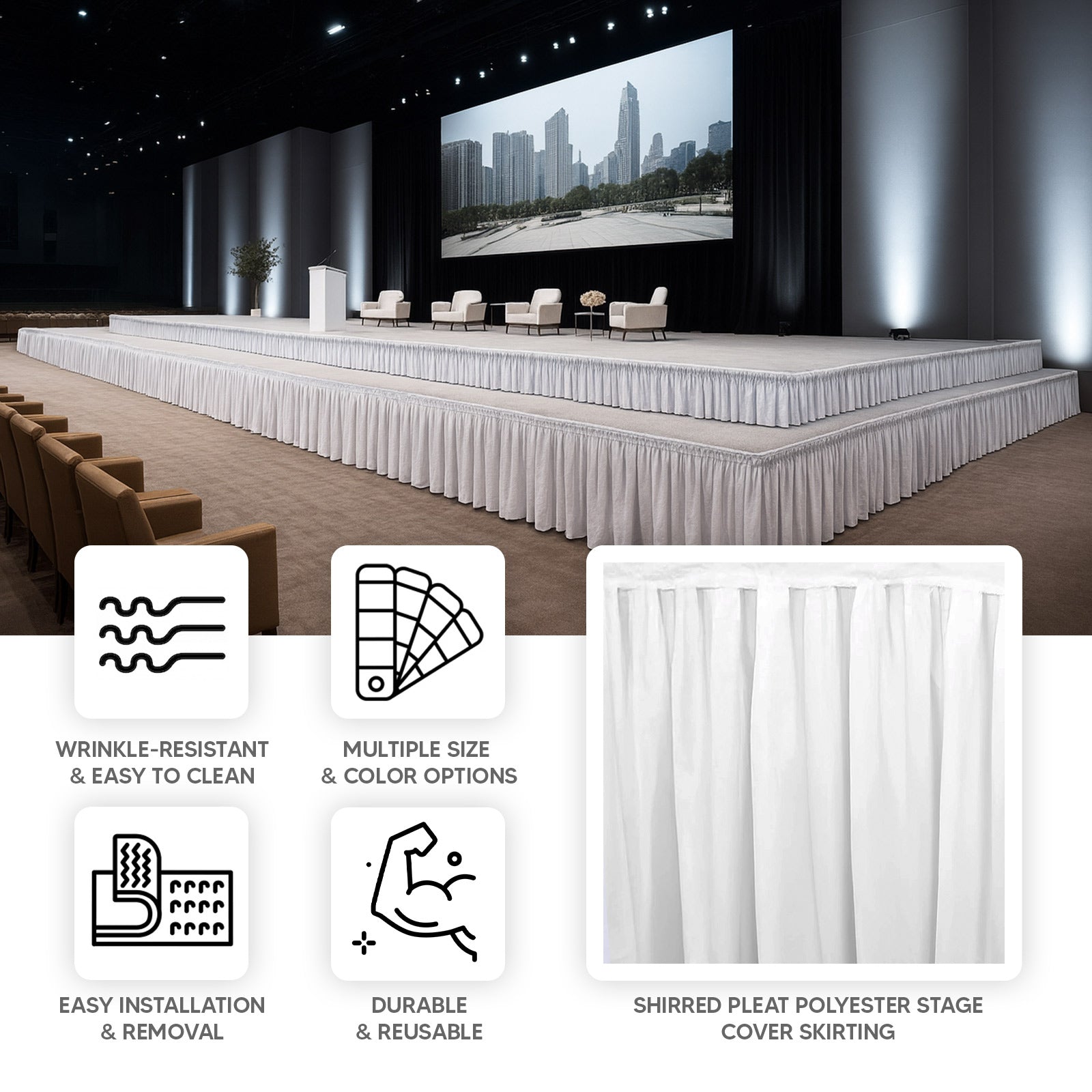 Portable Stage Skirt White Polyester Platform Skirting Cloth for Events, Performances & Wedding Staging - 24"x20ft
